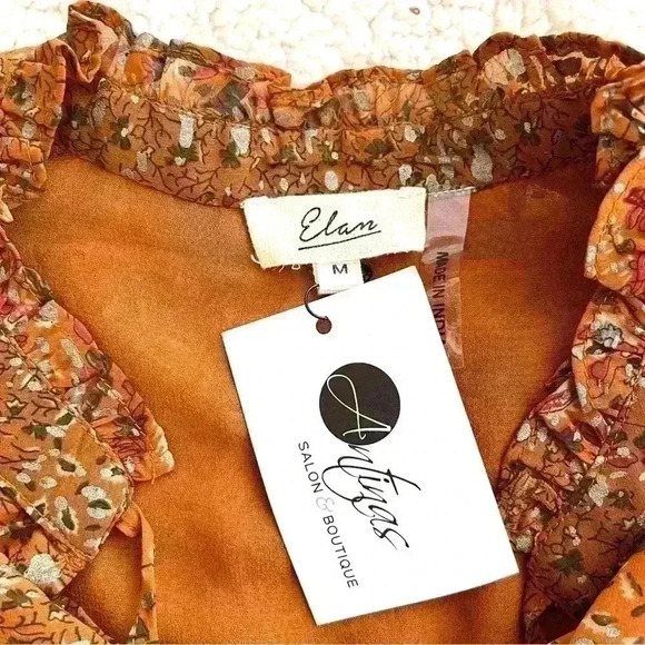 NWT Elan Orange Peasant Boho Tie Neck Long Sleeve Elastic Waist Crop Top Size M - Picture 12 of 13